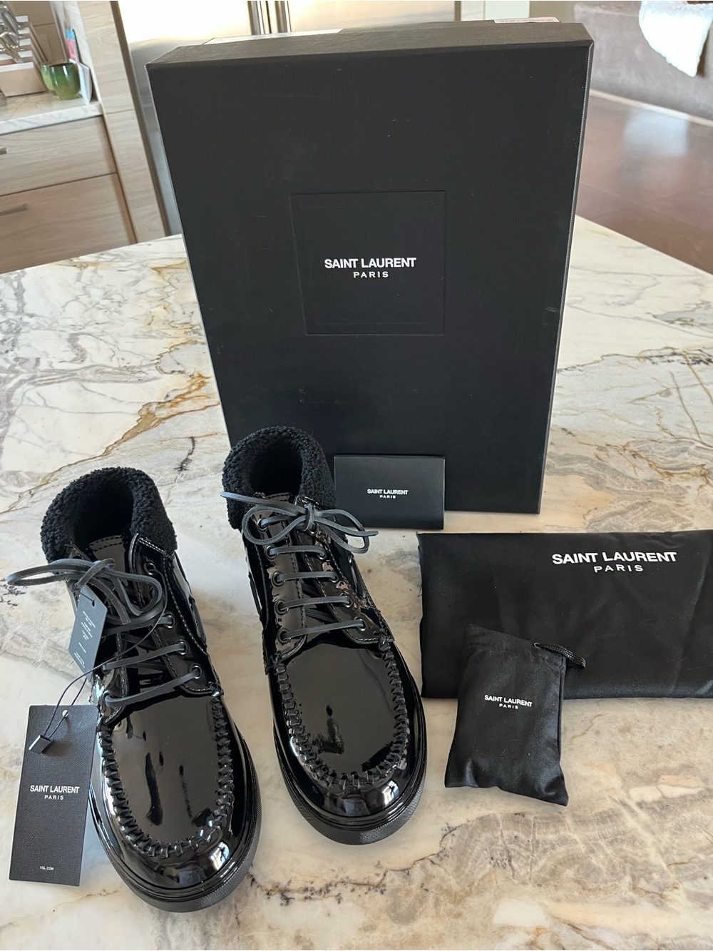 Saint Laurent Men’s Black Patent Leather Shearling Hi-Top Sneakers size 40 US 7